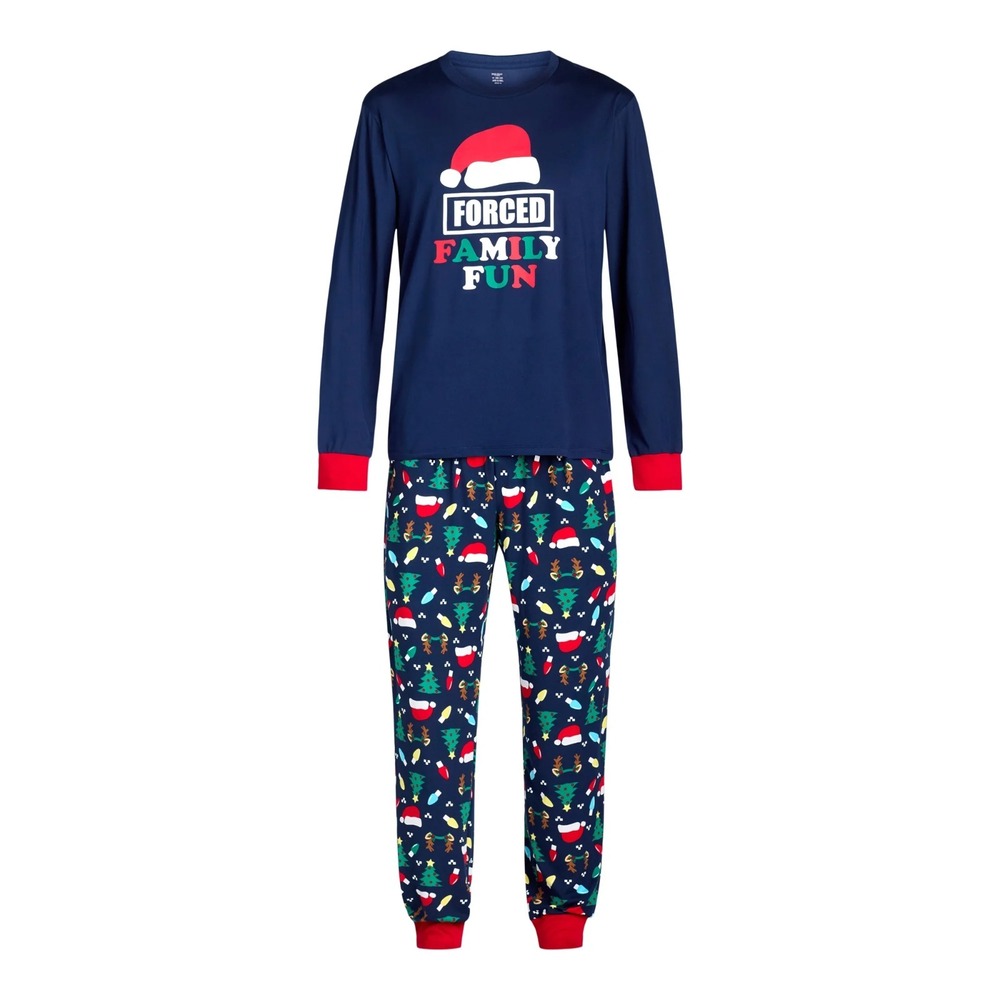Mens Holiday Pajama Set L 42-44 FORCED FAMILY FUN Navy Blue Christmas Lights NEW